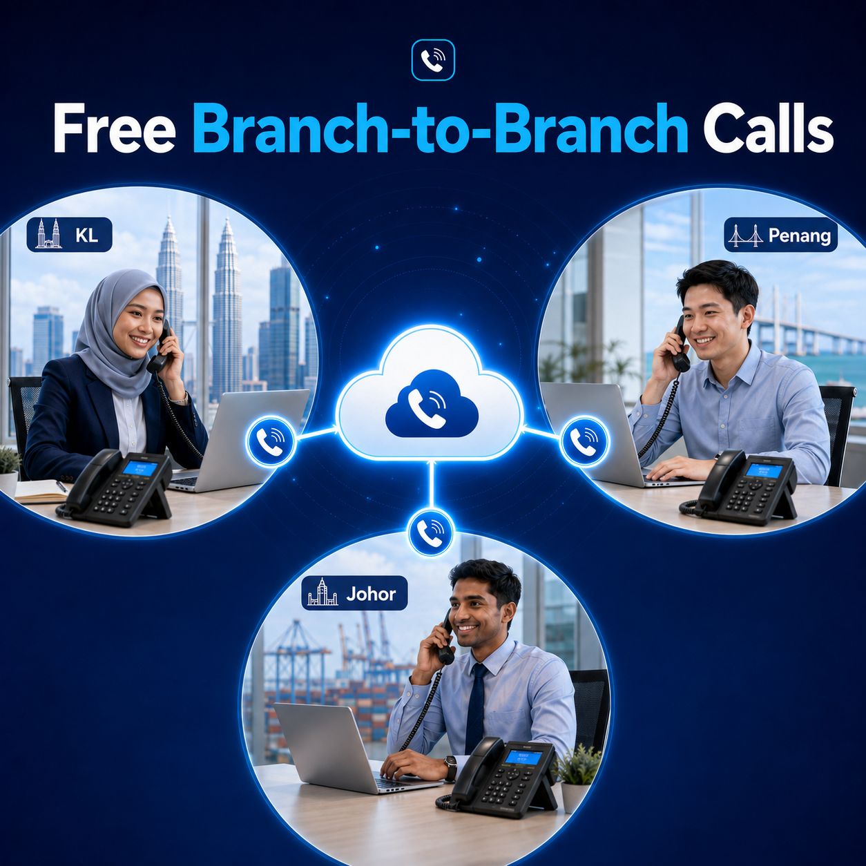 Malaysian offices in KL Penang and Johor connected through Cloud PBX with free branch-to-branch calls