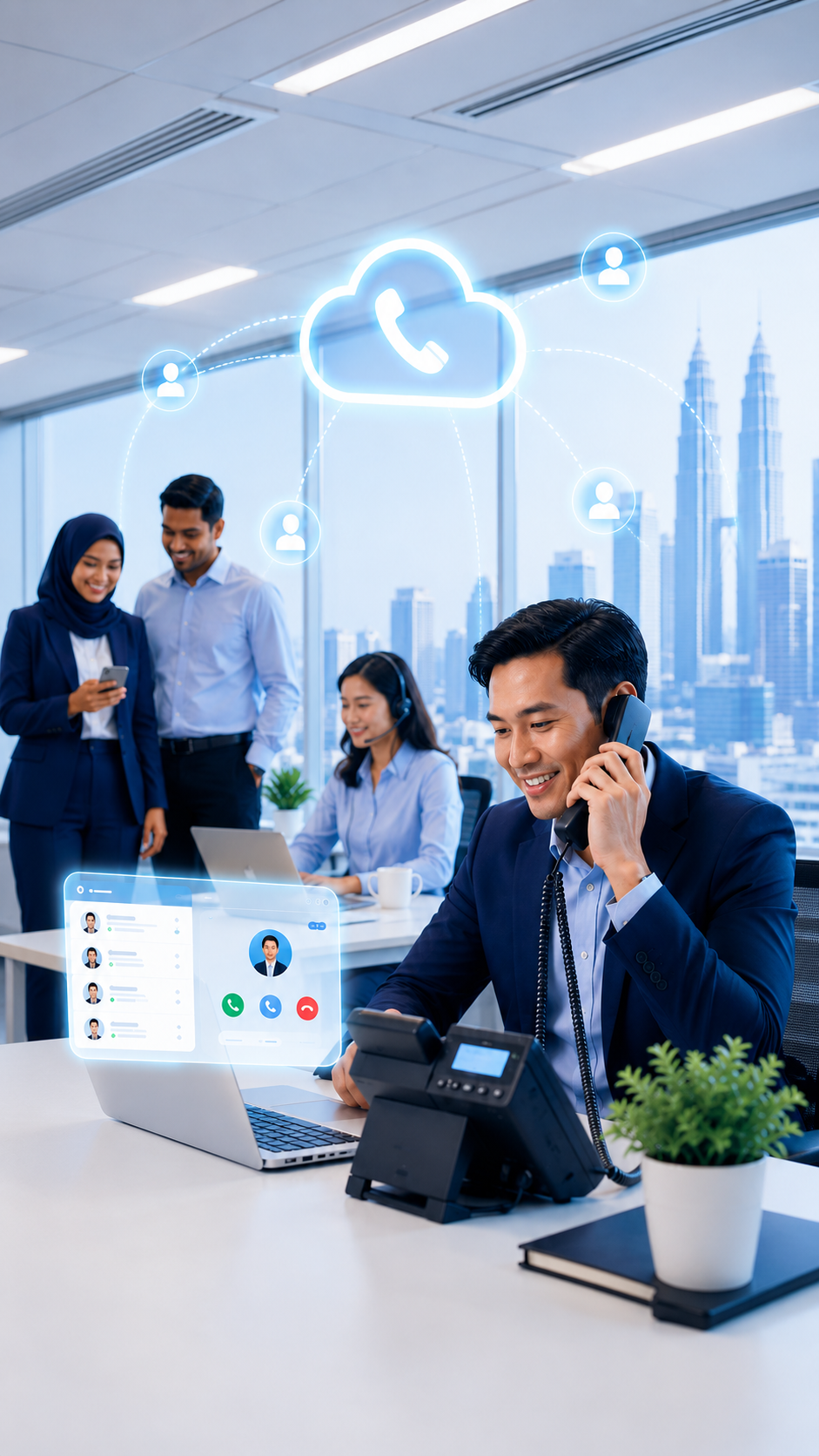Malaysian business team using a cloud-based office phone system without an on-site PBX server
