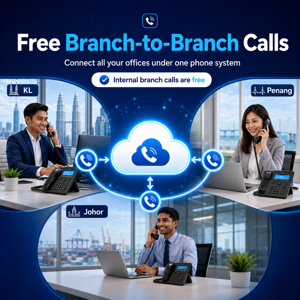 Malaysian business teams using Cloud PBX for free branch-to-branch calls
